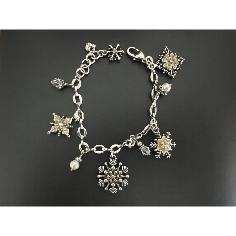 Brighton Ice Diamond Snowflake Winter Pearl Dangle Charm Bracelet EUC Adjustable